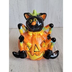 Halloween ceramic cat pumpkin silly sit costume figure‎